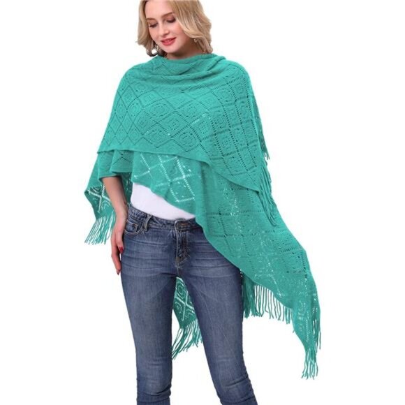 Knit Shawl Wrap - Fringe Poncho Cardigan Cape Cyan Block - Picture 1 of 7